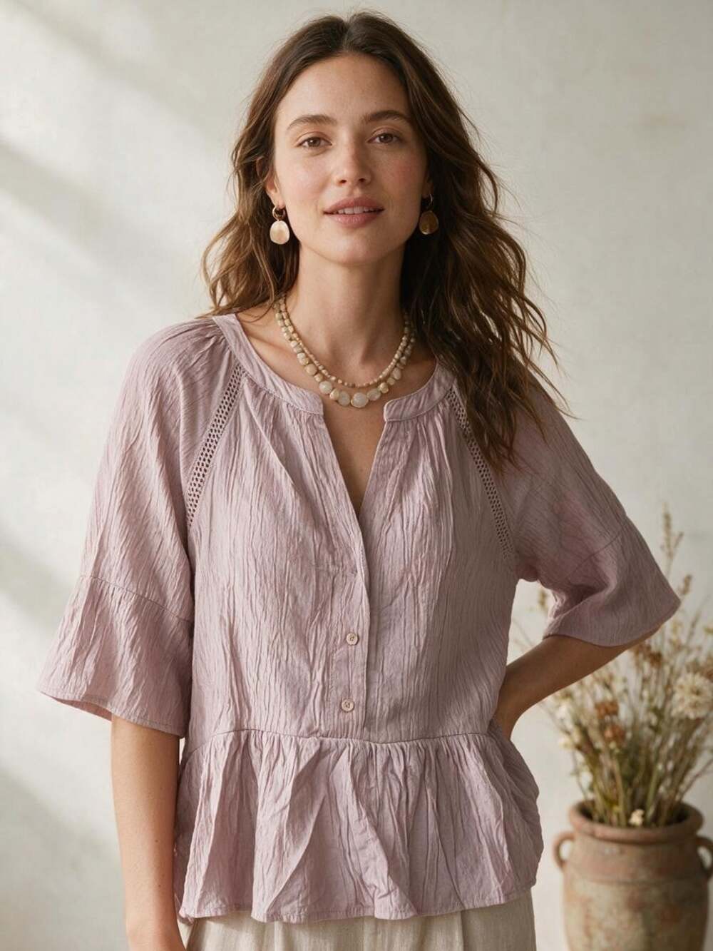 Anthropologie Womens Size M Dusty Mauve Crinkled Peplum Top Blouse Boho Peasant